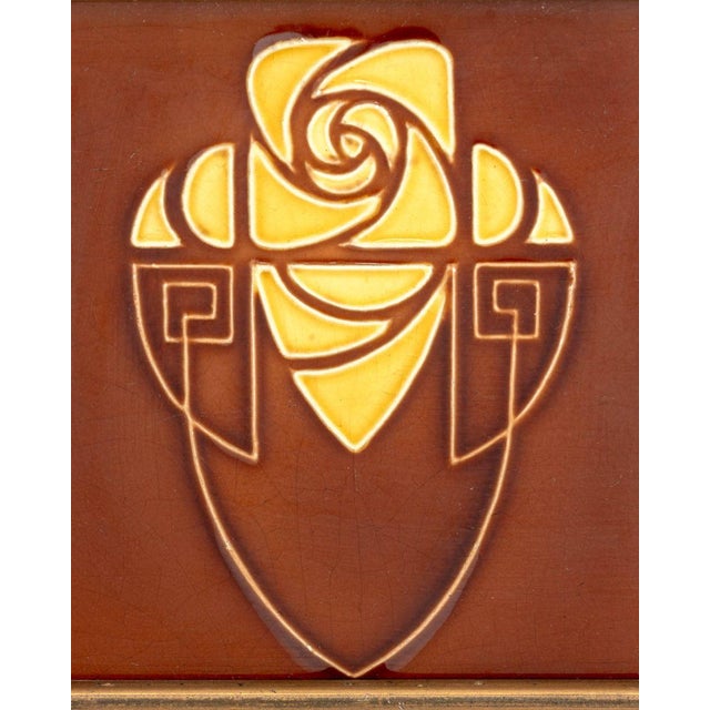 Gilliot Hemiksem Art Nouveau Pottery Tile, circa 1920, distressed giltwood frame. Image: 5.5" H x 5.5" W; frame: 9" H x...