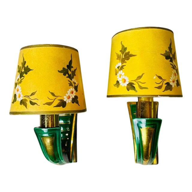 French Art Deco Green Ceramic Wall Sconces with Hand-Painted Half Shades, 1940s, Set of 2 For Sale