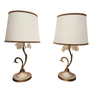Small Lamps with Ceramic Roses and Fabric Lampshades, 1980s, Set of 2 For Sale