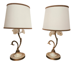 Small Lamps with Ceramic Roses and Fabric Lampshades, 1980s, Set of 2