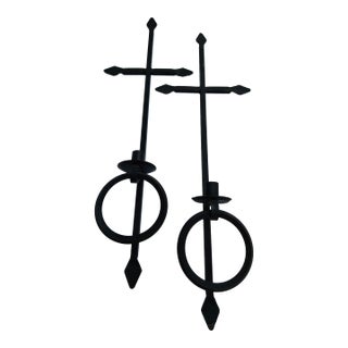 Black Cast Metal Cross Style Candle Holders Sconces For Sale