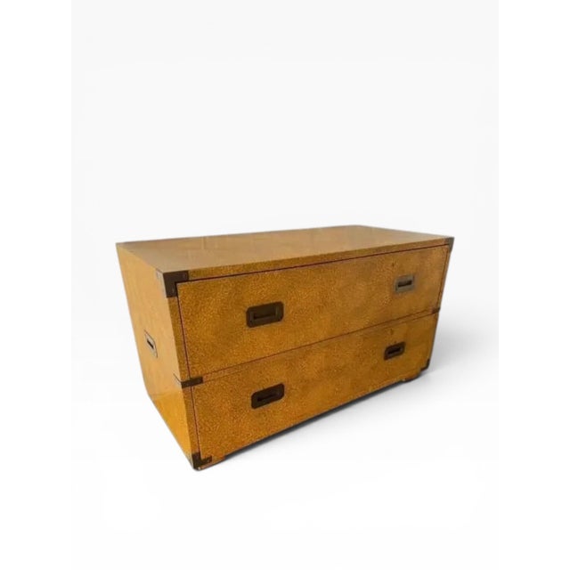 Campaign 1970s Henredon Campaign-Style Chest of Drawers — Faux Shagreen Finish, Brass Hardware For Sale - Image 3 of 18