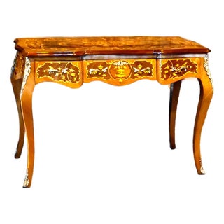 French Style Writing Desk – Brown Wood Desk With Gold Leaf & Ornate Details For Sale