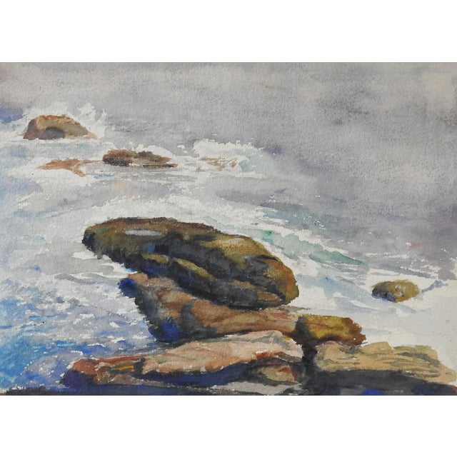 Rustic Antique Rocky Sea Coast Watercolor Painting For Sale - Image 3 of 3