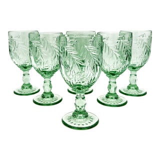 Fern Patterned Green Pressed Glass Water/ Wine Goblets - Set of 6 For Sale