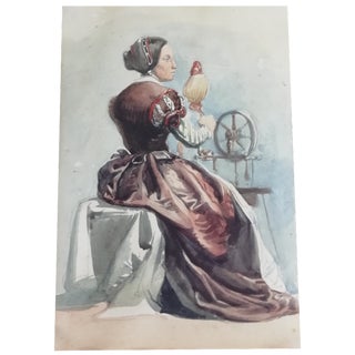 Woman Working at the Spinning Wheel, 1800s, Watercolour For Sale