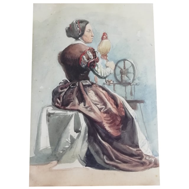 Woman Working at the Spinning Wheel, 1800s, Watercolour For Sale