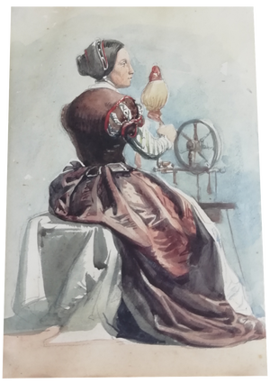 Woman Working at the Spinning Wheel, 1800s, Watercolour