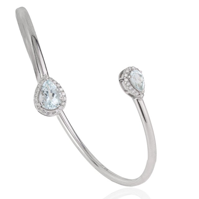 Metal Modernist Pear-Cut Aquamarine & Diamond Toi Et Moi Open Cuff Bangle, March Birthstone Gift For Sale - Image 7 of 12