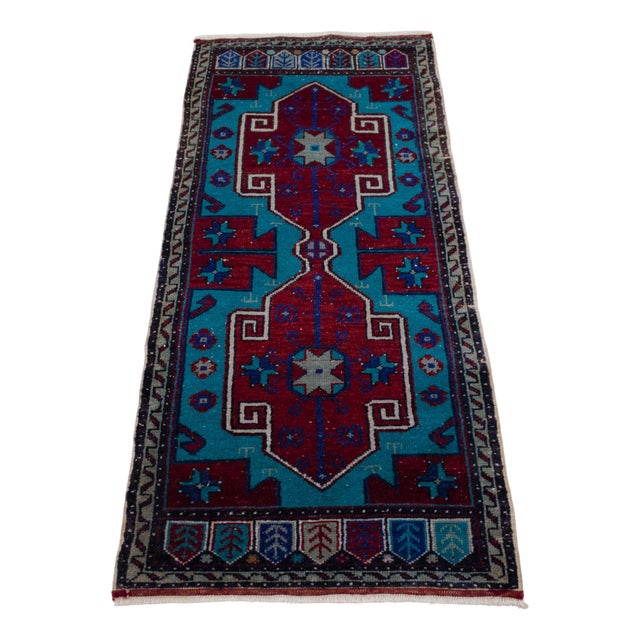 Hand Knotted Oushak Rug Low Pile Faded Entryway Mat Small Rug Yastik - 20'' X 44'' For Sale - Image 4 of 13