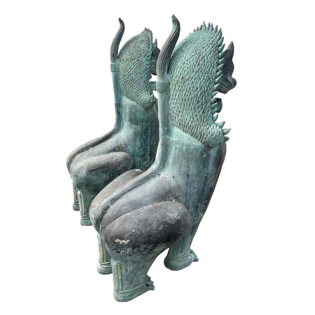 Metal 1990s Monumental Pair of Southeast Asian Verdigris Bronze Guardian Lion Statues For Sale - Image 7 of 12