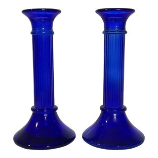 Vintage Cobalt Blue Candle Holders With Corinthian Column Design - a Pair For Sale