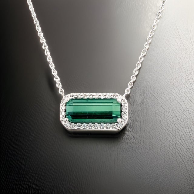 Traditional Natural Tourmaline Diamond Pendant Necklace 18" 14k W Gold 3.51 TCW Certified For Sale - Image 3 of 10