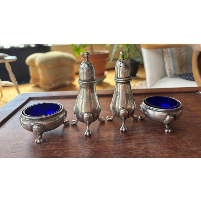 Antique Sterling Silver Figural Bird Salt and Pepper Shakers With Cobalt Glass Salt Cellers - Phillp H. Stevens - 4pcs For Sale - Image 9 of 14