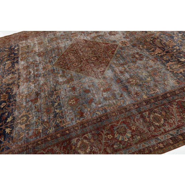 19th Century Antique Mahal Wool Rug With Faded Indigo & Rust Medallion For Sale - Image 9 of 11