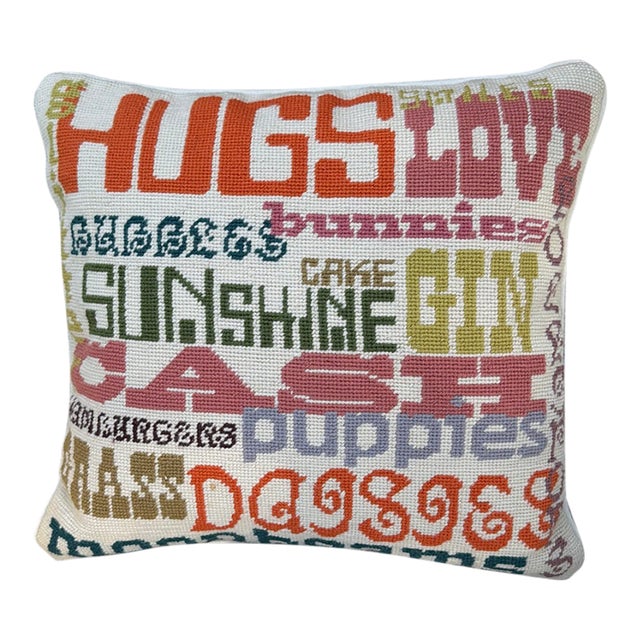 Jonathan Adler Colorful Pop Art Needlepoint Typography Pillow For Sale