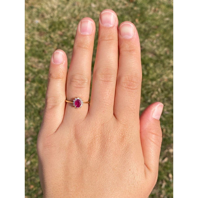 The Bandon: Natural Ruby and Diamond Halo Ring in Yellow Gold For Sale - Image 10 of 11