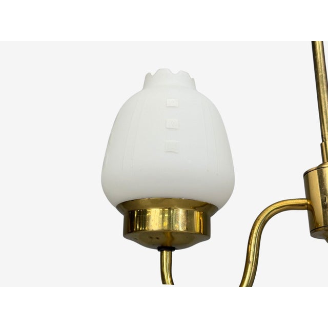 Cream 1950s Swedish Modern, Pendant Light, Etched Opal Glass, Brass For Sale - Image 8 of 11