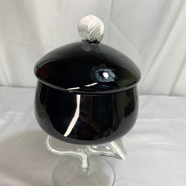 Offered here is a Jozefina Krosno hand-blown art glass pedestal compote or candy dish with a lid, featuring a unique...