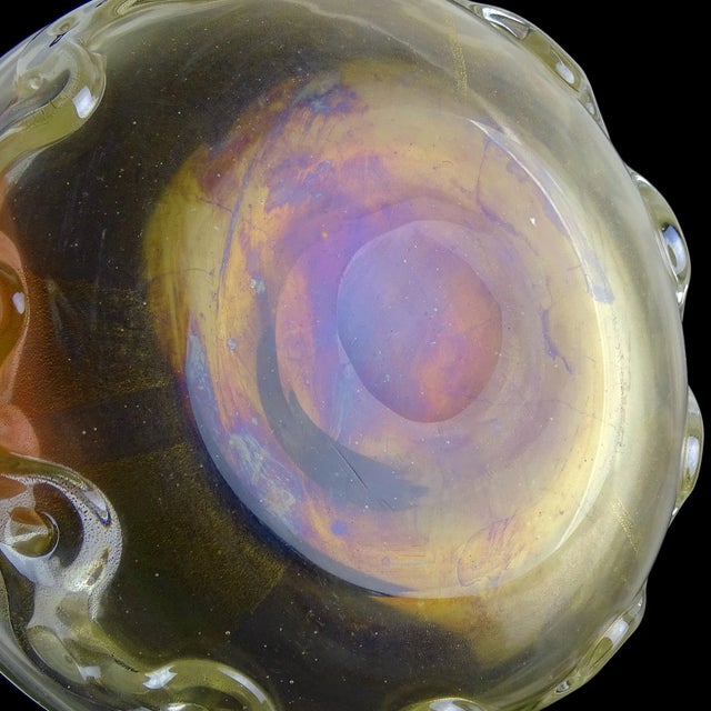 Vintage Murano Seguso Vetri d'Arte Flavio Poli Gold Flecks Iridescent Italian Art Glass Wave Design Bowl For Sale - Image 11 of 12