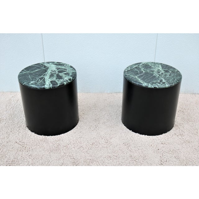 Stunning vintage Paul Mayen style pair of marble top cylinder drum side or end tables, Classic American Mid-Century Modern...