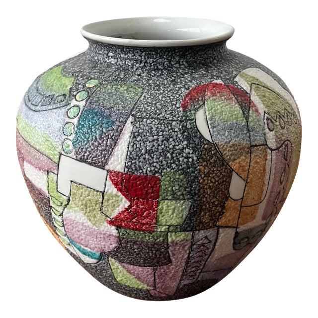 Postmodern Studio Pottery Vase, Textured Fat Lava Glaze Abstract Memphis Style For Sale