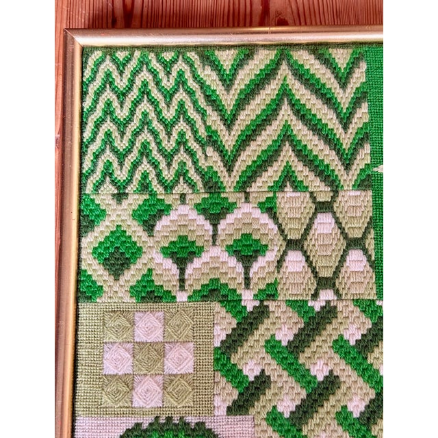Wood Vintage 1976 Needlepoint Sampler in Shades of Green With Original Gold Frame, Artist Signed For Sale - Image 7 of 12
