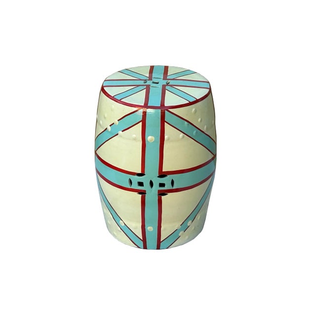 Light Celadon Base Turquoise Cross Line Round Porcelain Stool Table For Sale - Image 4 of 6