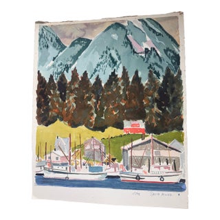 Original Vintage Watercolor by David Miller ‘Acadia Marine Fueling’ For Sale