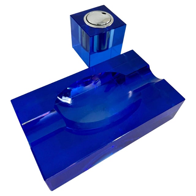 Mid 20th Century Italian Cobalt Blue Crystal Glass Cigar Ashtray - Set of 2 For Sale - Image 9 of 13