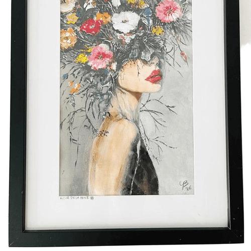 Acrylic Painting Fleur De La Nuit Woman with Flowers in Wood Veneer Frame For Sale - Image 3 of 8