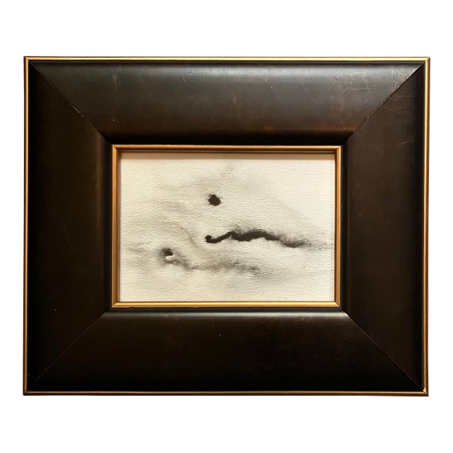 Contemporary Original Small Abstract Black Ink Painting Wide Wood Frame For Sale