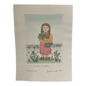 1980s Original Watercolor Etching, Girl on a Flowerbed