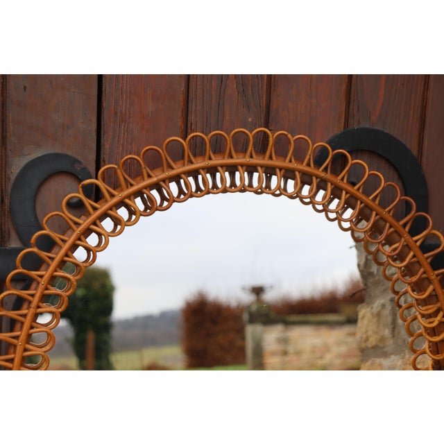 Boho Chic Italian Rattan Wall Mirror by Franco Albini, 1960 For Sale - Image 3 of 8