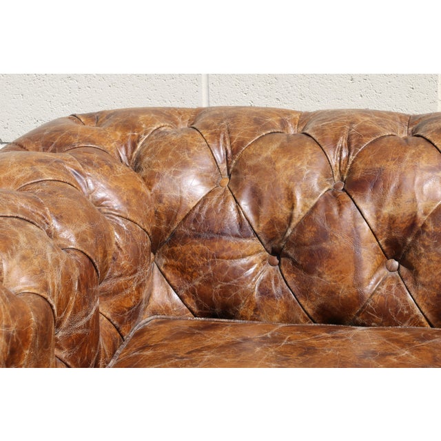 Industrial Distressed Brown Leather Chesterfield Sofa – Three Seat Tufted Sofa With Nailhead Trim & Casters For Sale In Los Angeles - Image 6 of 18