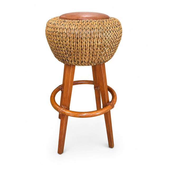 Contemporary Palecek Woven Rattan & Wood Bar Stool With Leather Seat, Coastal Boho Counter Stool For Sale - Image 3 of 6