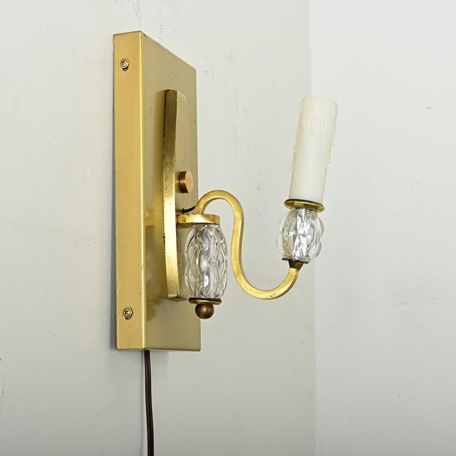 Metal French Vintage Modern Brass & Glass Sconces - A Pair For Sale - Image 7 of 12