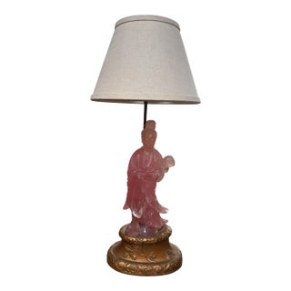 Antique Chinese Rose Quartz Goddess Sculpture Designer Table Lamp For Sale