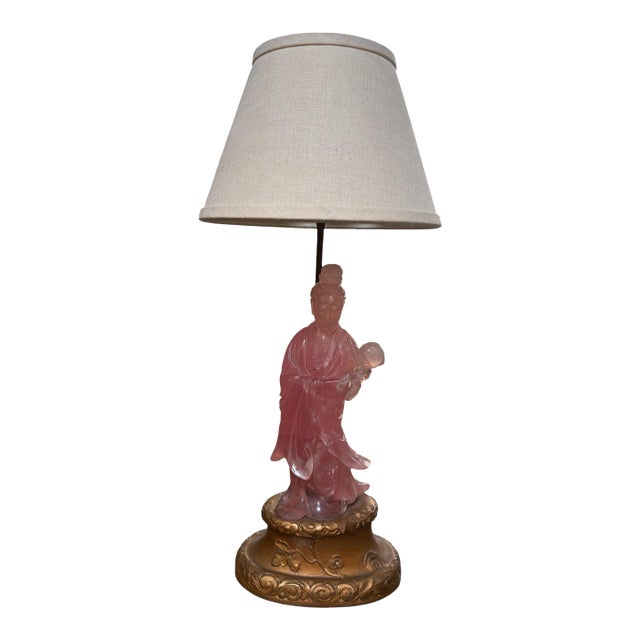 Antique Chinese Rose Quartz Goddess Sculpture Designer Table Lamp For Sale