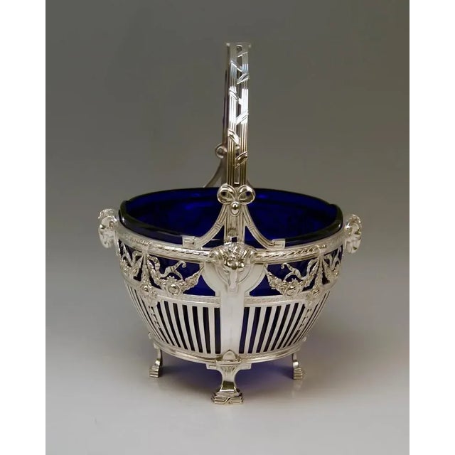 Gorgeous Art Nouveau Silver 800 basket with handle and original cobalt blue glass liner. Made in Germany/ Bremer...