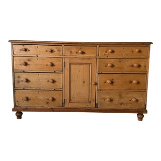 Antique English Pine Sideboard With Central Cupboard & Nine Drawers For Sale