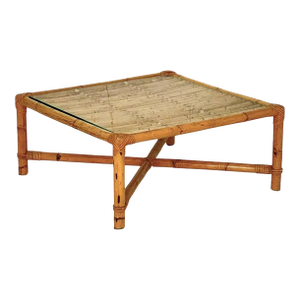Italian Bamboo and Rattan Low or Coffee Table With Square Glass Top