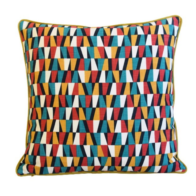 Designers Geometric Teal/Red/White/Gold Feather/Down Pillows 22" Square - Pair For Sale In Los Angeles - Image 6 of 7
