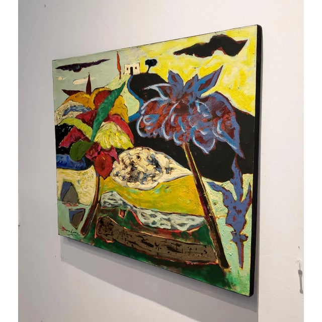 Vibrant painting of adobe house on a hill in Southern Spain with bright dancing trees by artist Jacques Lamy (1946-2016)....