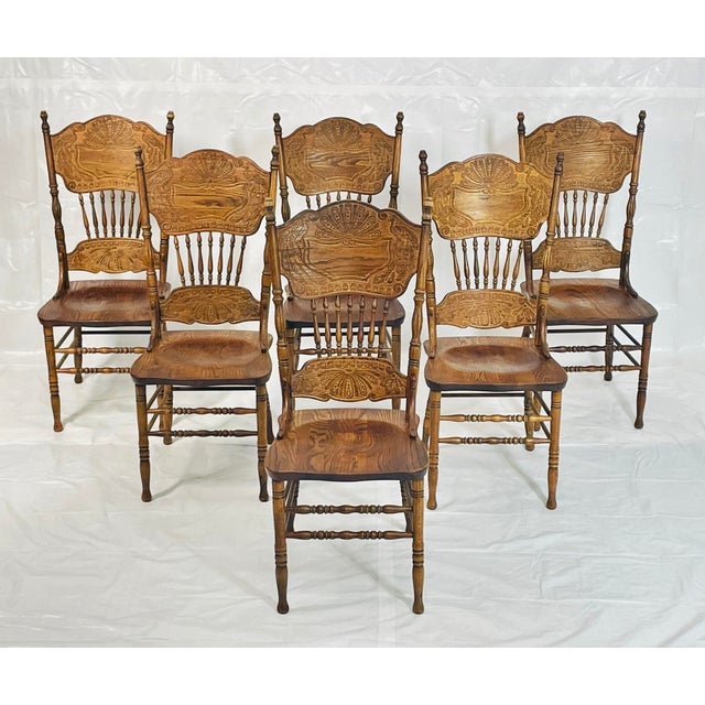Farmhouse Oak Farmhouse Dining Chairs Set of 6, Carved Peacock Backs, Ronnoco 1978 For Sale - Image 3 of 18