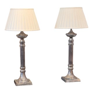 Pair of Silver Column Lamps For Sale