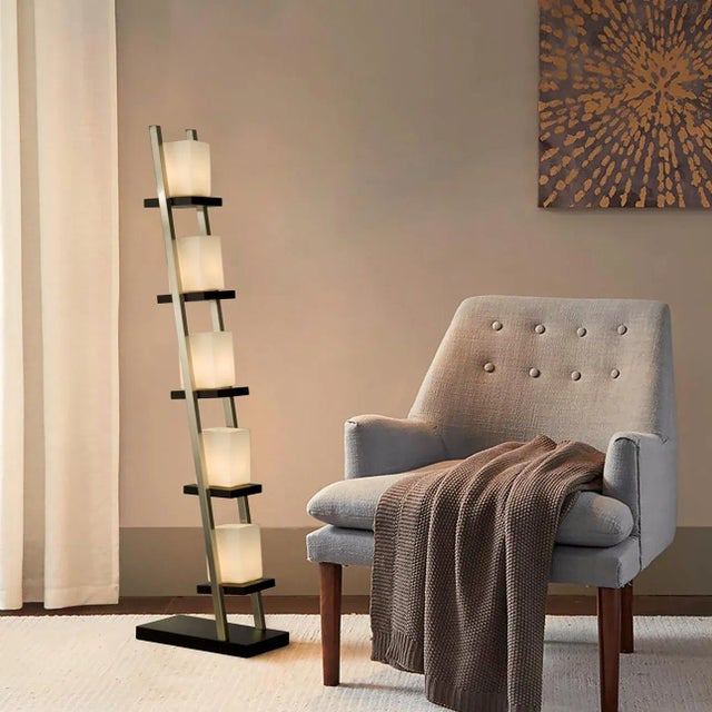 Mid-Century Modern Escalier Floor Lamp 61" Espresso Wood & Brushed Nickel Modern Ladder Design by Michael Song For Sale - Image 3 of 9