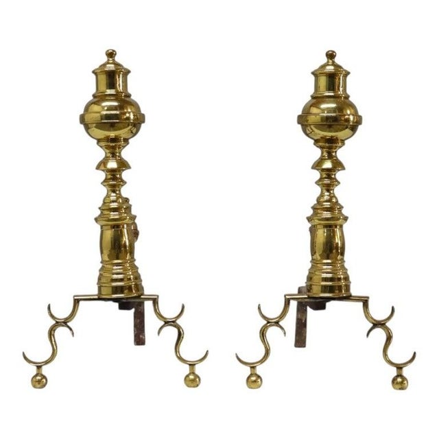 Federal Style Brass Beehive Fireplace Andirons C1920 For Sale - Image 6 of 10
