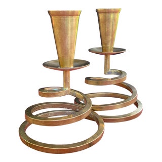 Mid-Century Modern Brass Spiral Candle Holders - a Pair For Sale