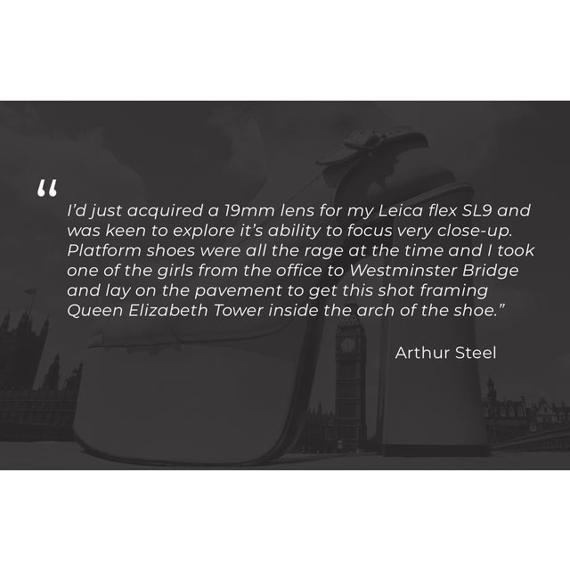 A model’s platform shoe arches over Queen Elizabeth Tower on Westminster Bridge, London, 1973 Renowned British...